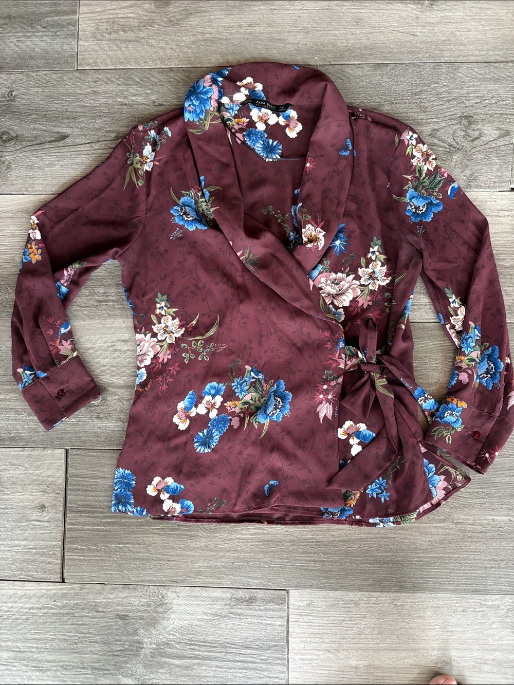 Women’s Zara Burgundy Floral Wrap Blouse with Blue Print - size XS